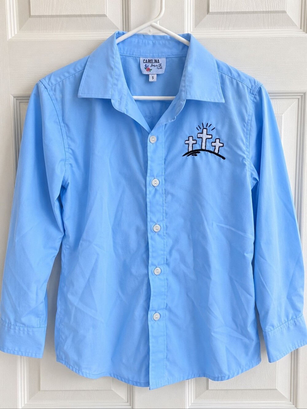 Men's Light Blue Button-Down Shirt with Embroidered Cross Design
